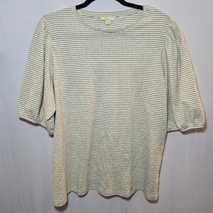 Boden Metallic Stripe Puff Short Sleeve Crew Neck Top Boho Nautical, sz 16/18